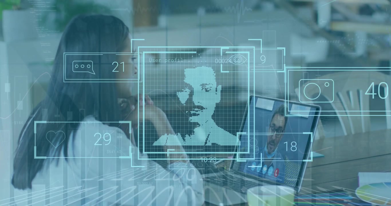 Animation of graphs, user photos and reactions over woman having video call on laptop