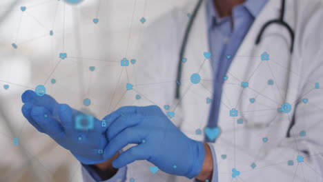 doctor wearing gloves with medical icons and network connections over animation