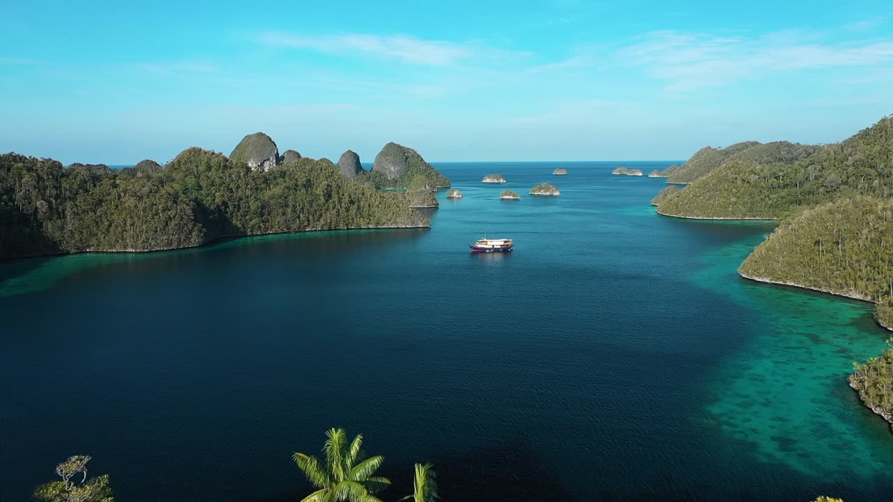 excelente toma aérea de palmeras y un bote flotando entre las islas wayag, raja ampat, indonesia