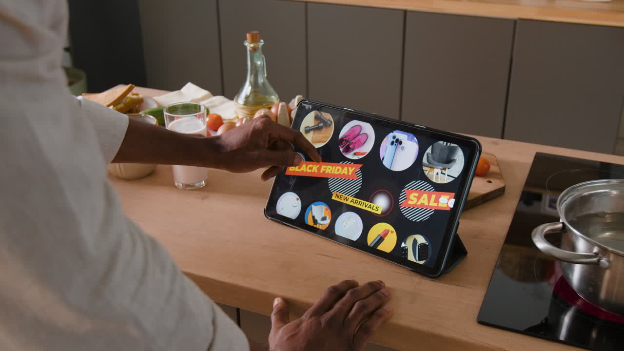 Online Shopping on Tablet in the Kitchen