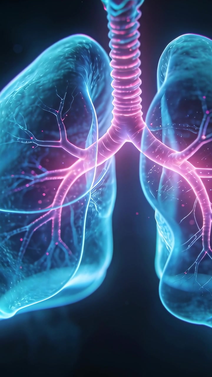 Video verticale: Telecamera che si allontana, polmoni e trachea al neon che pulsano per rivelare i bronchi in un rendering 3D.