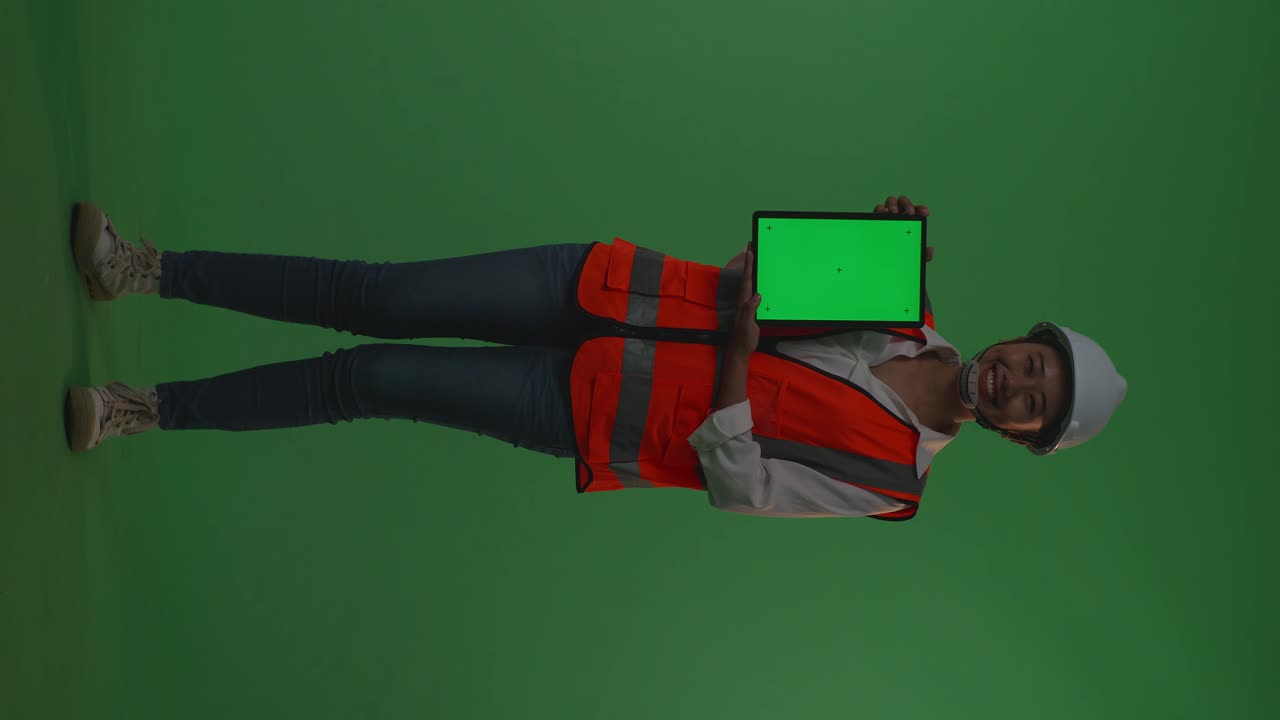 cuerpo lleno de ingeniera asiática con casco de seguridad sonriendo y mostrando la tableta de pantalla verde a la cámara mientras está de pie en el estudio de fondo de pantalla verde, durante la puesta o salida del sol