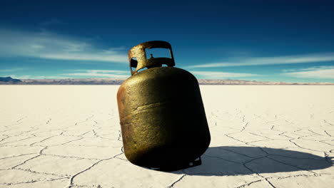 old rusted danger gas container on salt lake