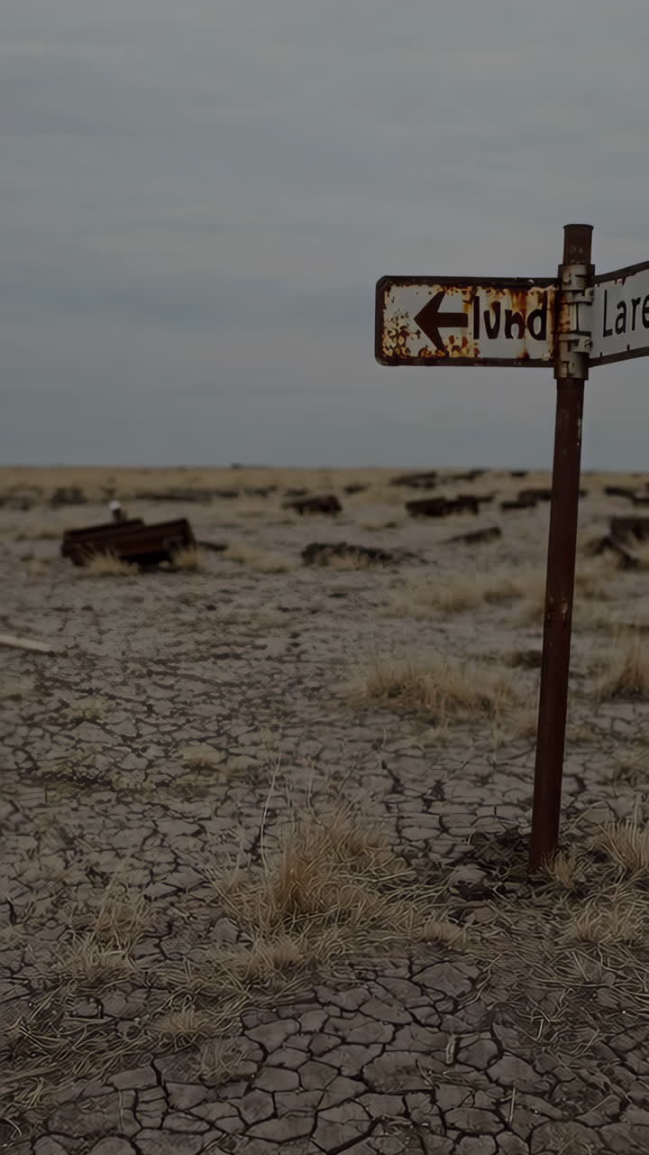 Rusty Directional Sign in a Dry, Cracked Desert Landscape