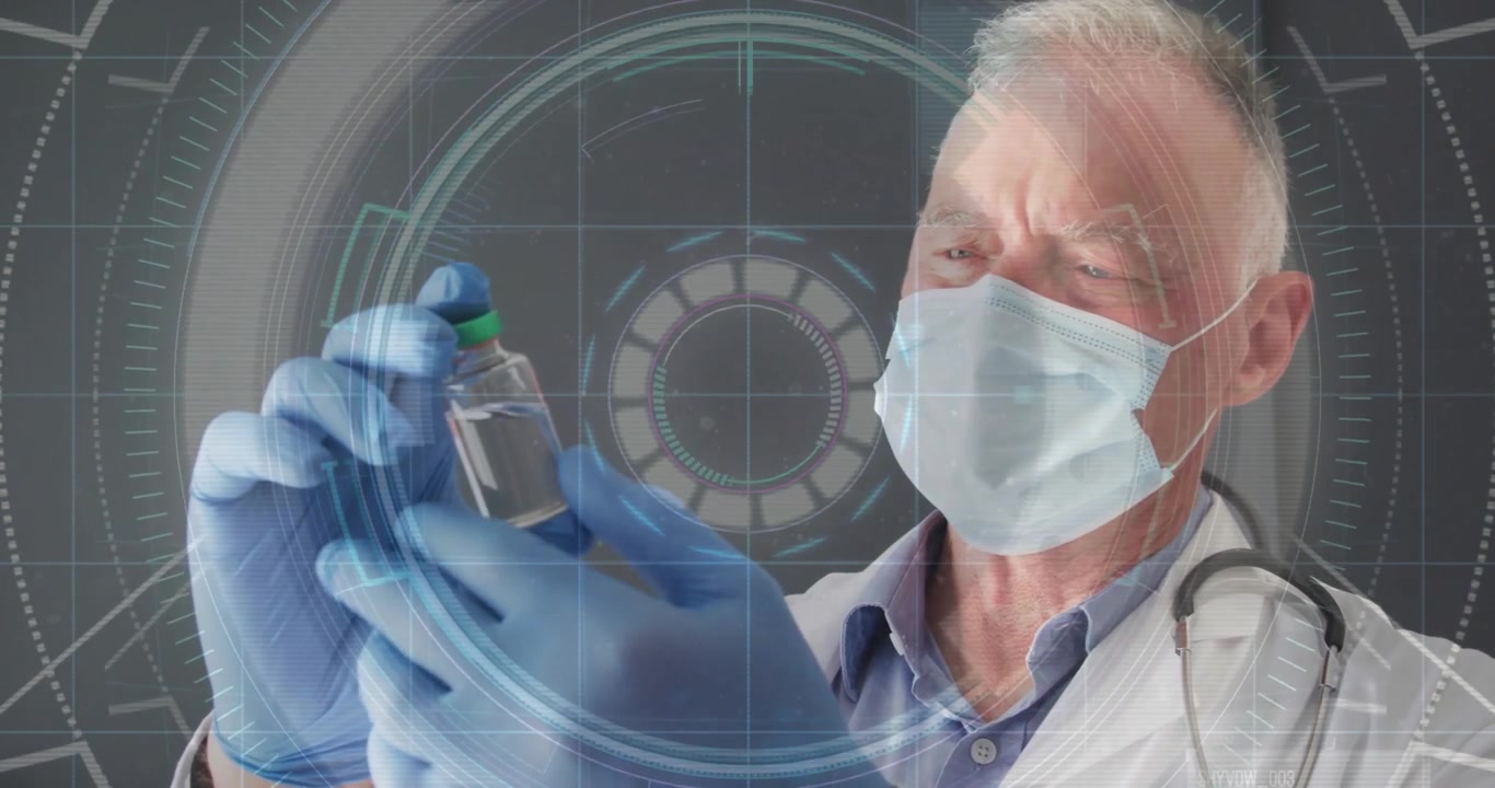 Medico che indossa mascherina e guanti, sollevando una fiala di vaccino e facendo sì che un HUD mostri i numeri del dosaggio.