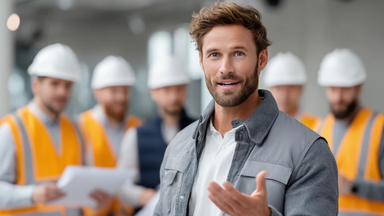 Engaging Construction Safety Meeting: A Confident Safety Officer Addresses a Team of Workers in Hard Hats on a Construction Site