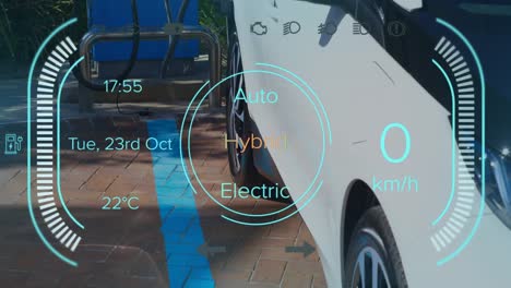 Animation-of-interface-with-charging-battery-icon-and-speedometer-over-petrol-station