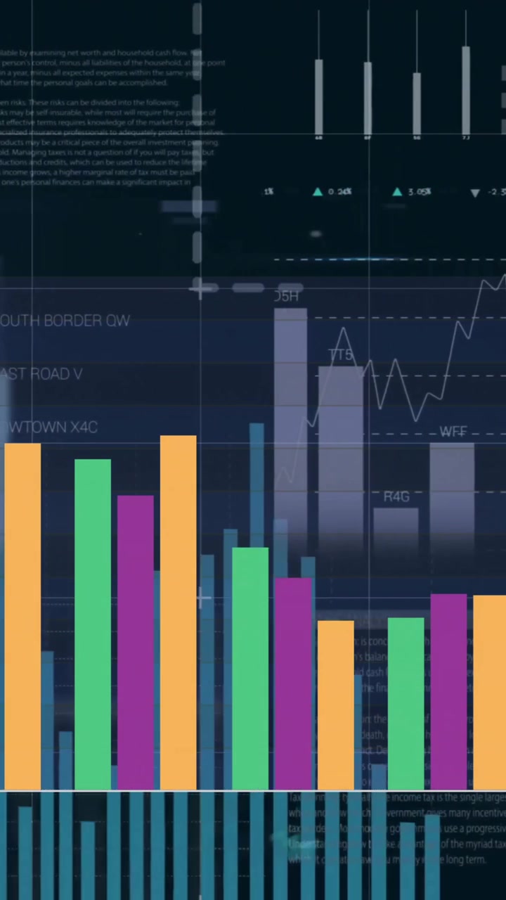 Animation of colourful graph over charts and data processing on black background