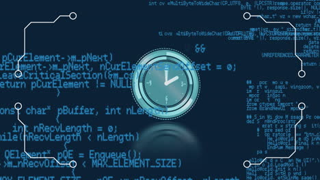 animation of clock moving over data processing on blue background