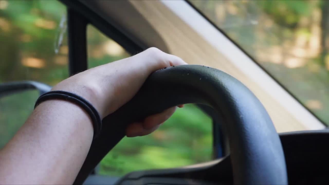 Generic shot of a female hand on a steering wheel.