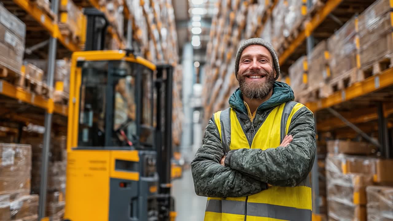 Un magazziniere sorridente con il gilet di sicurezza mostra un atteggiamento positivo tra pallet impilati e carrelli elevatori in un ambiente di stoccaggio affollato
