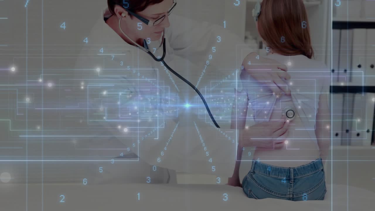 Health overlay settling doctor examining patient back, data highlighting stethoscope contact points