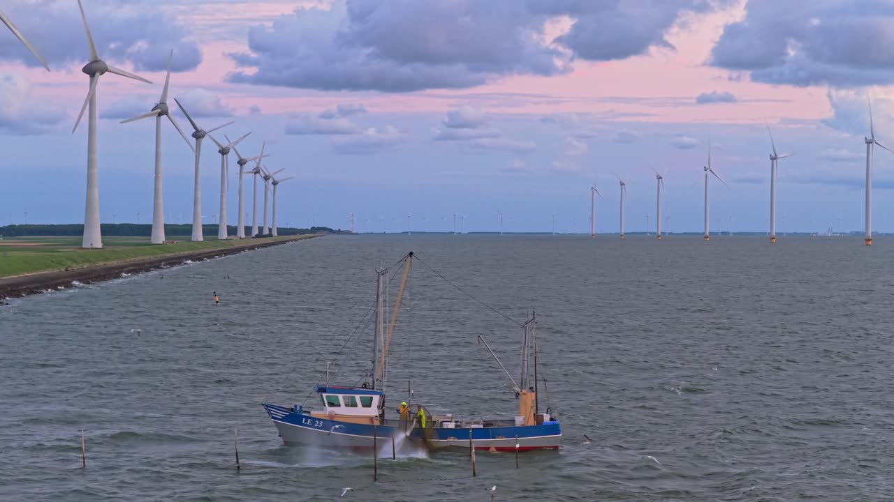 Ora d'oro sul mare aperto, vista aerea con peschereccio in rotta, Paesi Bassi