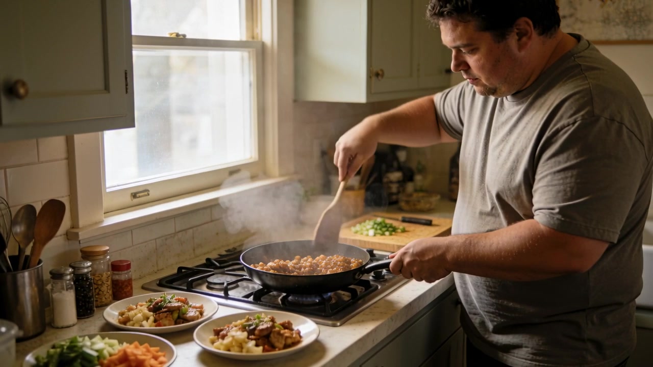 Noticing prep, cook in gray-tee stirring pan with spatula at home stove, finishing meal, copy space