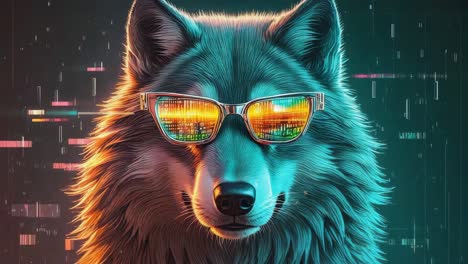 futuristic wolf with cyberpunk sunglasses and city reflection