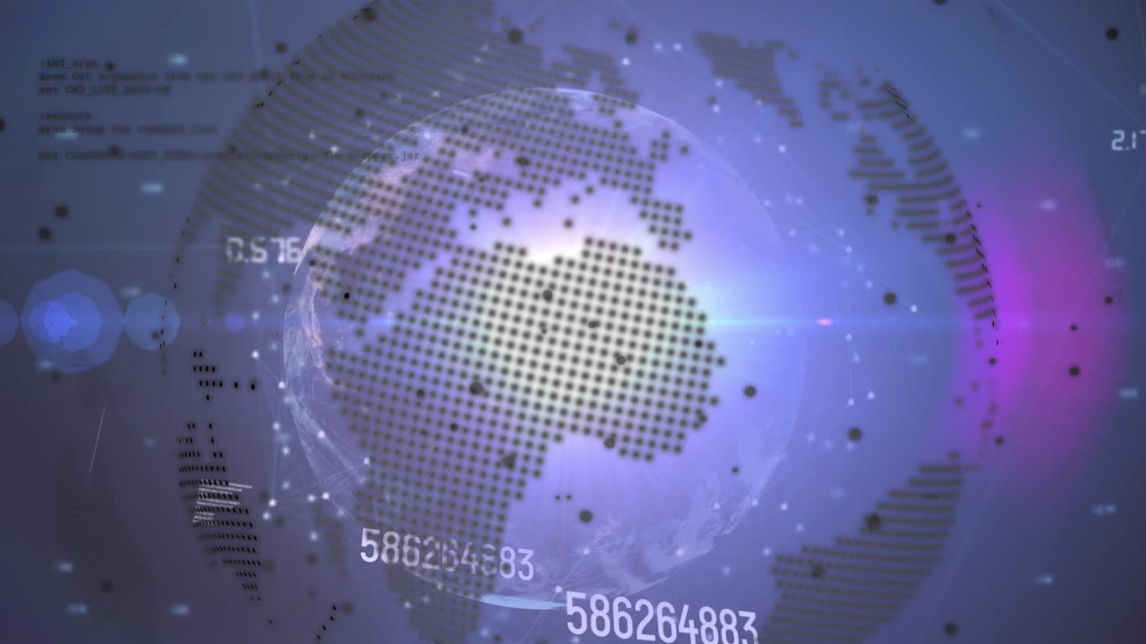 Animation of data processing, globe and connections on violet background