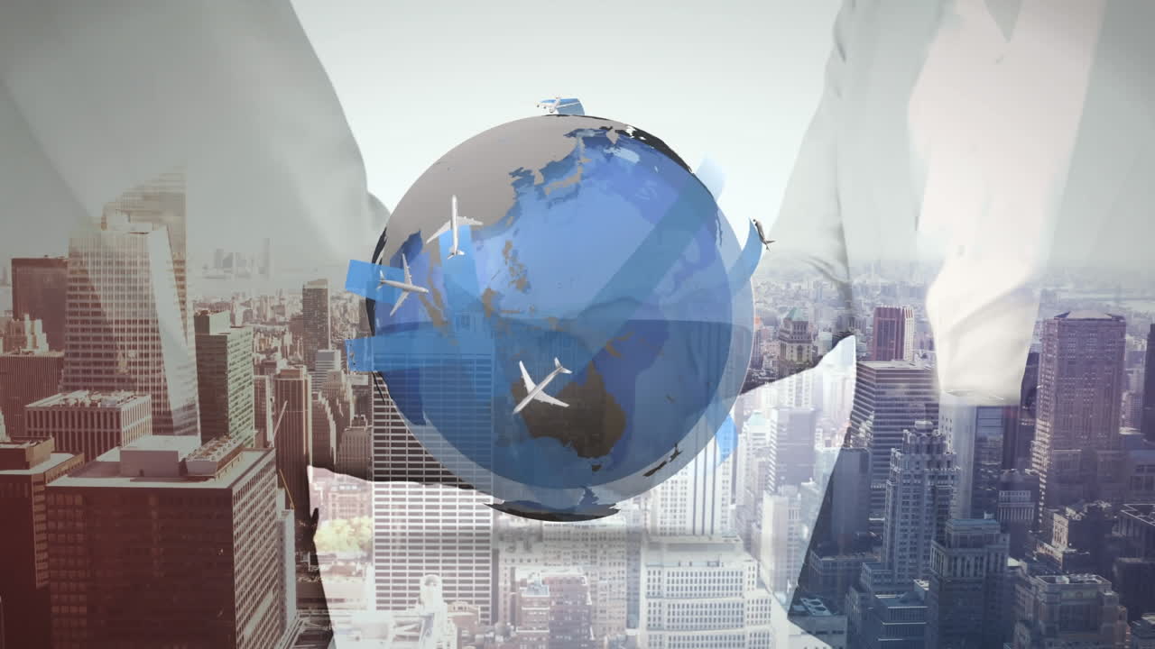 비즈니스맨의 손을  ⁇ 는 비행기와 함께 지구의 애니메이션