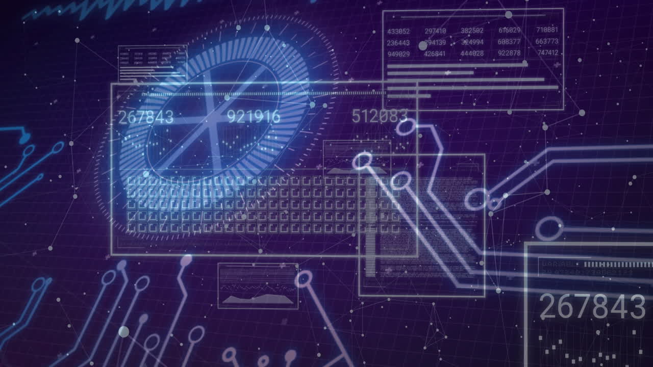 Holographic grid panel displaying numeric readouts and radial gauge, floating over purple grid