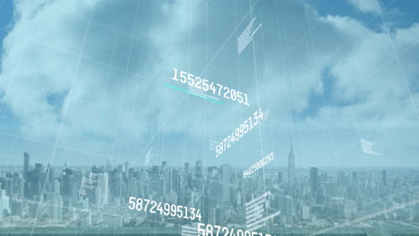 animación de números cambiantes y procesamiento de datos sobre el paisaje urbano