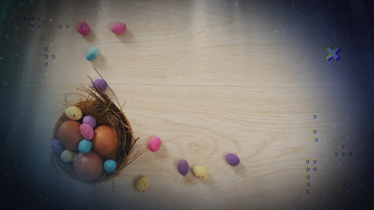 Colorful eggs in nest with scattered candies over wooden background animation