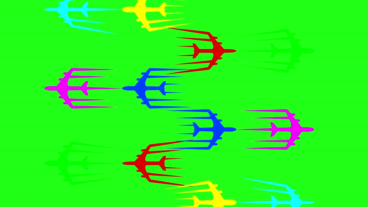 다양한 항공편에서 제트 비행기 항공 여행 애니메이션 녹색 화면 배경 4k