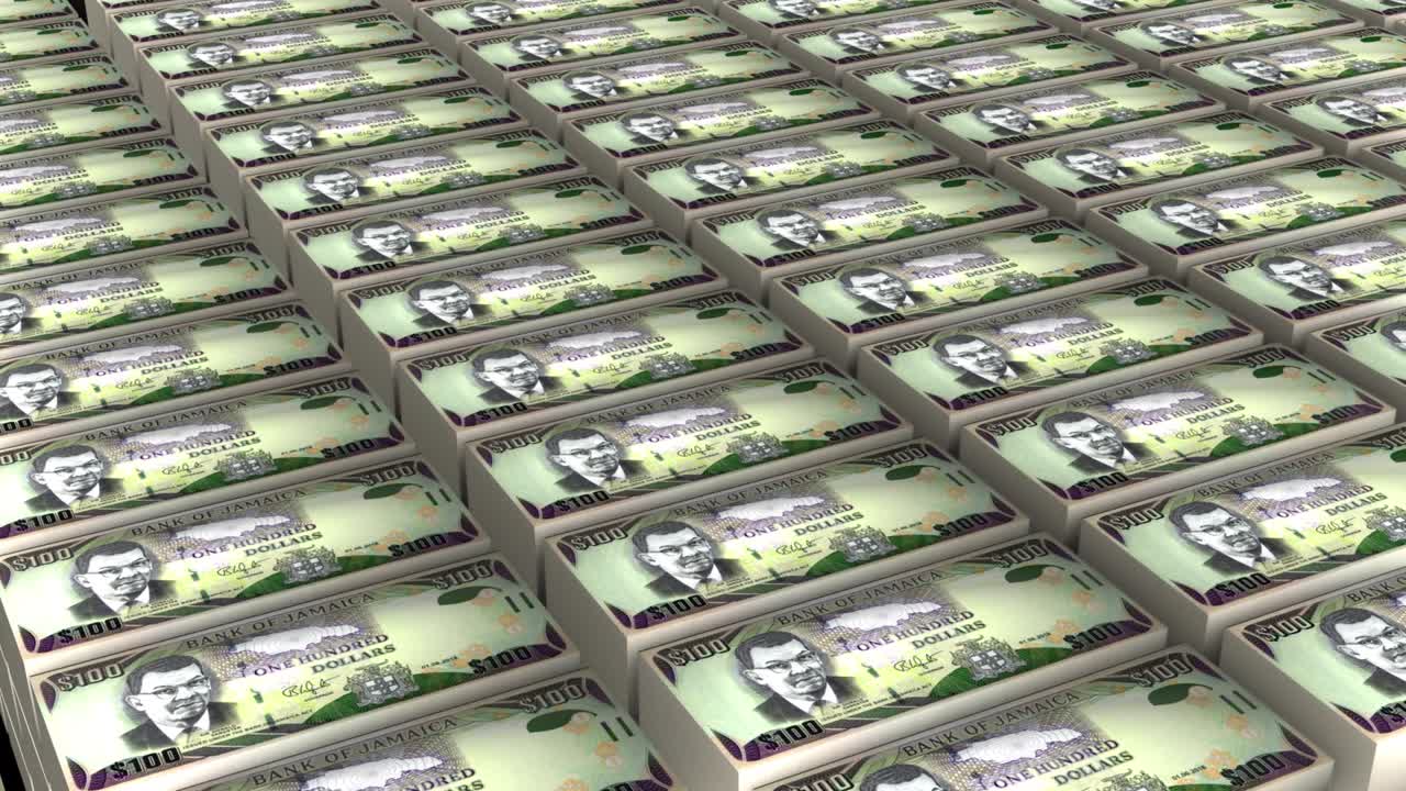 3D Animation of Jamaica 100 Dollars Banknotes Money Stack on White Background