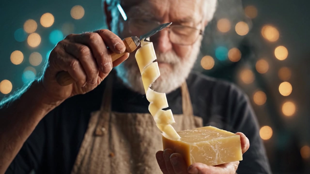 Un artigiano intaglia meticolosamente un pezzo di formaggio, mettendo in mostra un mix di abilità, passione e tradizione su uno sfondo di incantevoli luci bokeh.