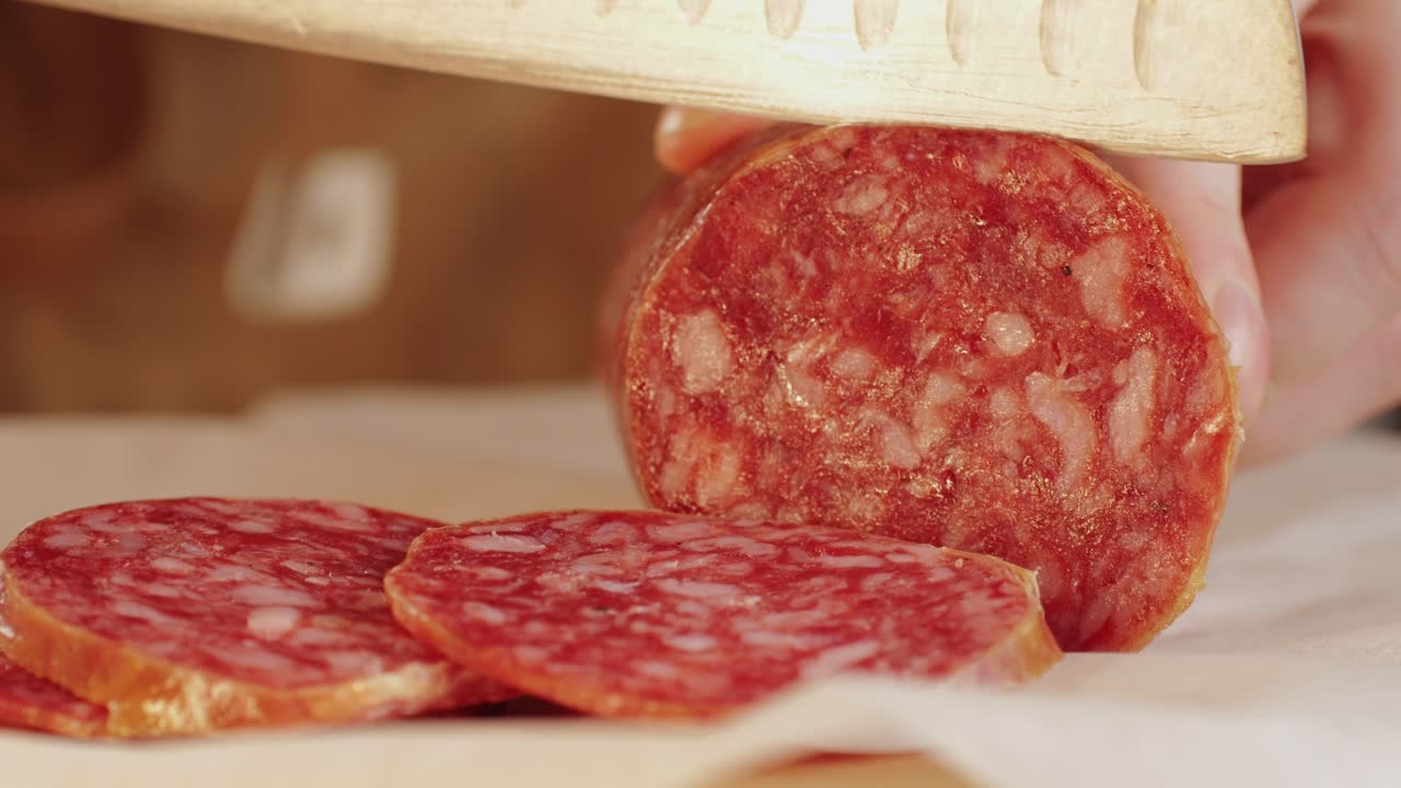 Mix of spanish pork sausages, Cutting board of appetizing catalonian snack - fuet, jamon, chorizo, olives, supermarket tapas food in spain, traditional cuisine.