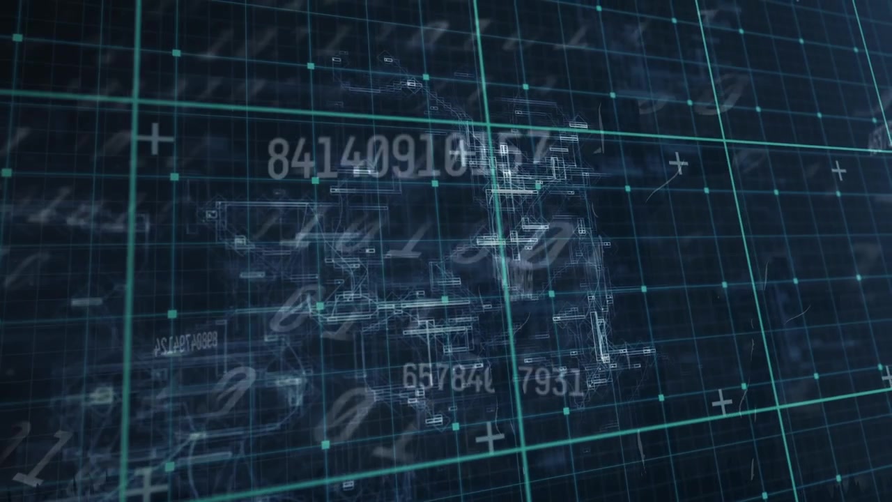 Flujo de datos digitales con cuadrícula abstracta y números flotantes