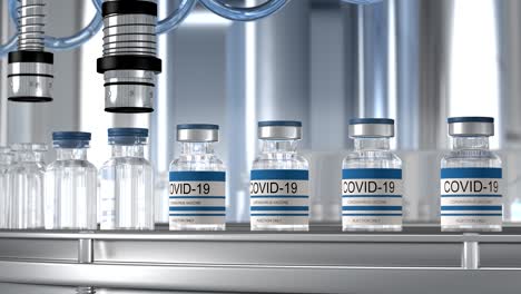 sars-cov-2 covid-19 producción en masa de vacuna contra el coronavirus, una máquina vierte la vacuna, sella las tapas de las botellas en ampollas que se mueven a lo largo de una cinta transportadora farmacéutica en un laboratorio de investigación
