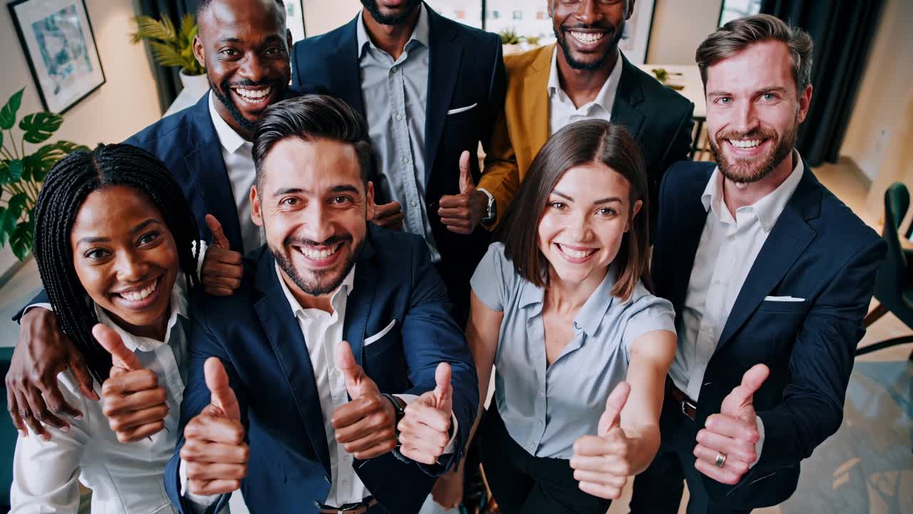 Happy Diverse Business Team Giving Thumbs Up in Modern Office