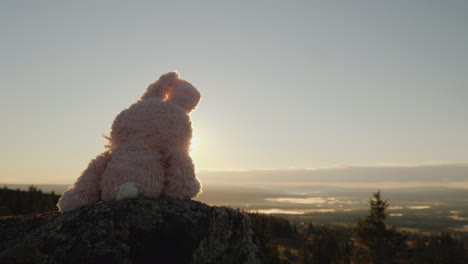 conejo de peluche de juguete sentado en la cima de una montaña en el fondo del pintoresco paisaje montañoso