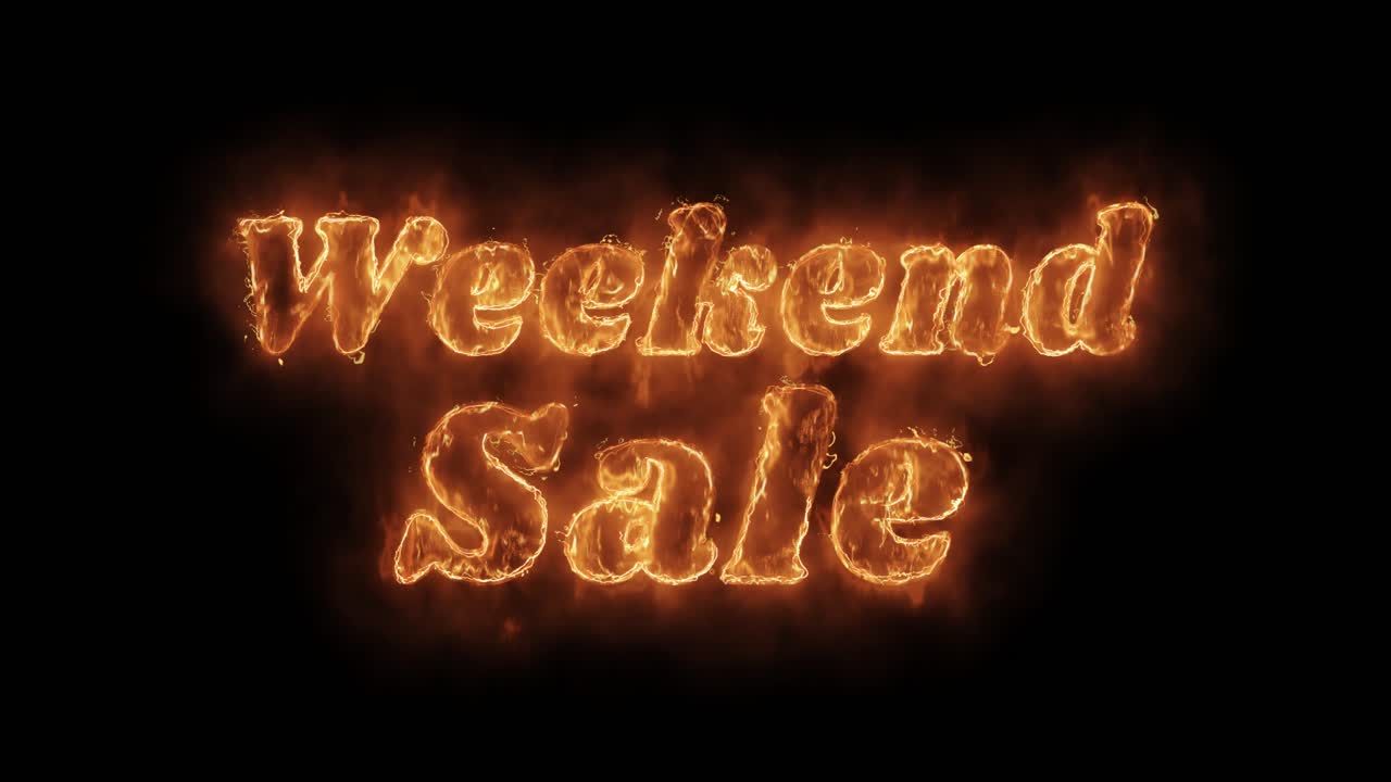 Weekend sale word hot animated burning realistic fire flame and smoke seamlessly loop animation on