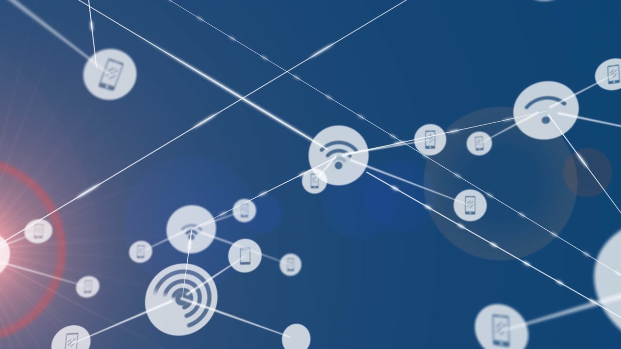 Animation of network of connections with icons over blue background