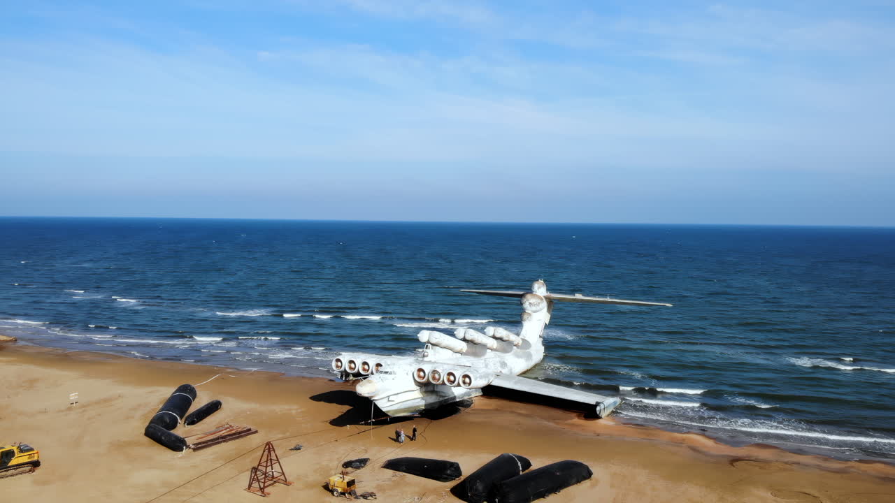 Aerial View of the Lun-Class Ekranoplan 'Caspian Sea Monster' on a Sandy Beach