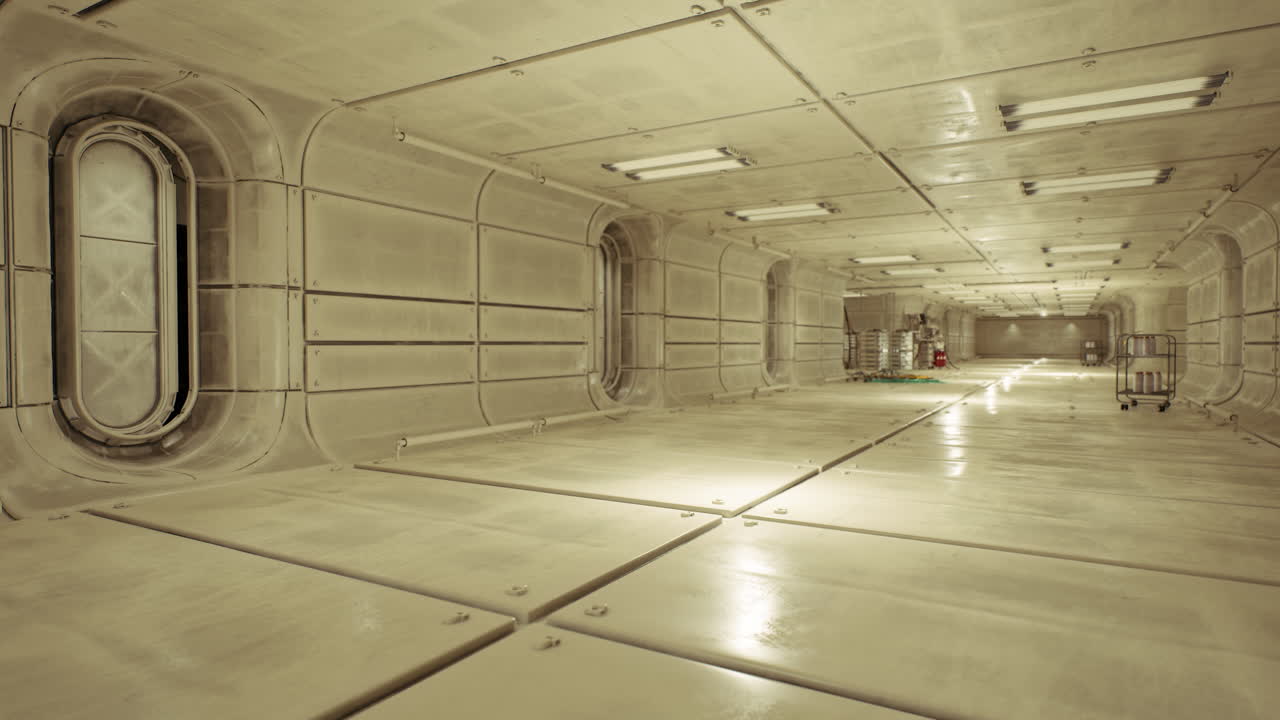 Spacious hangar illuminated softly with polished floors and subtle reflections