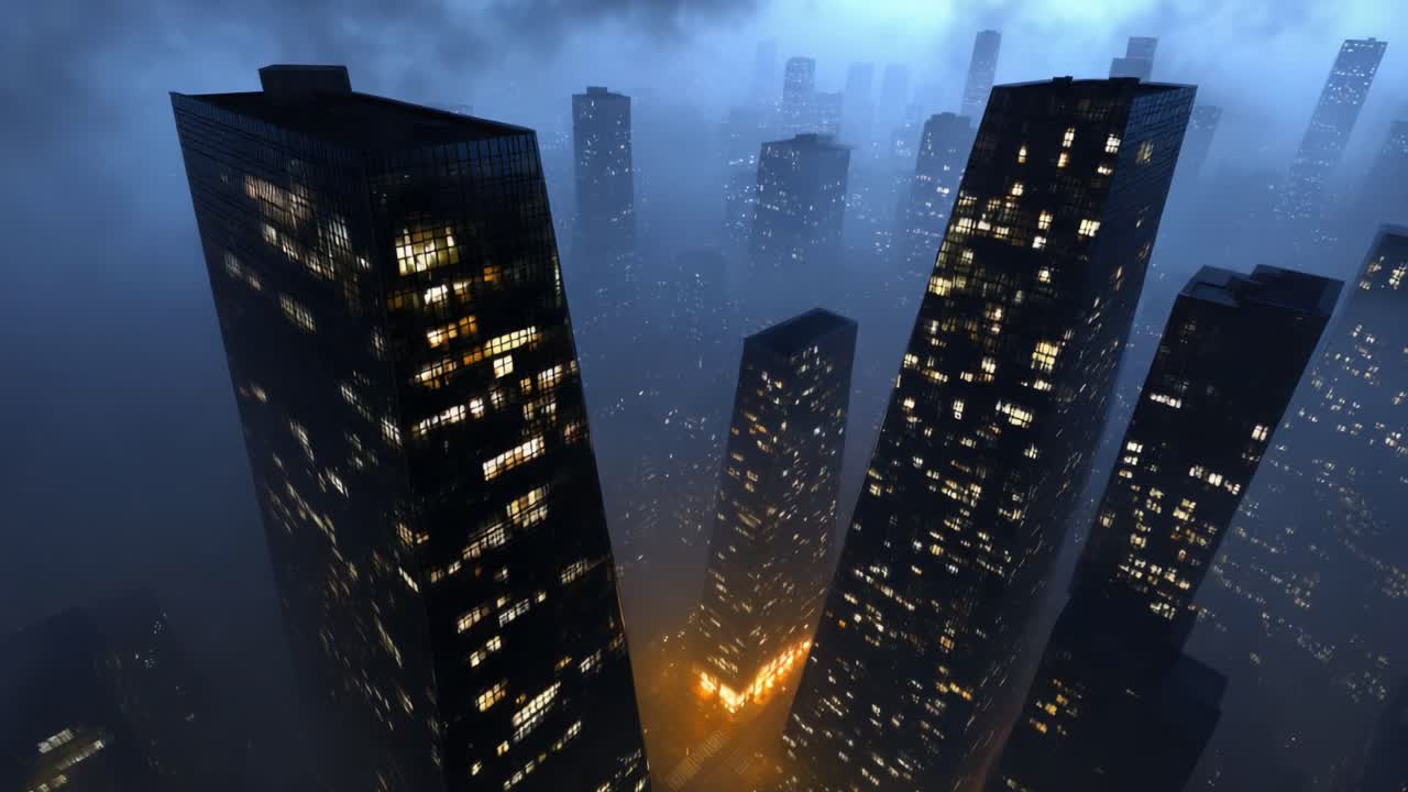 Captivating Urban Landscape: A Transformation of Skyscrapers into a Gloomy, Mystical Cityscape Illuminated by Golden Lights Amidst a Foggy Atmosphere