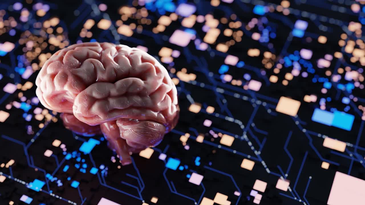 Human brain model floating over glowing blue digital circuit background. 3D render of brain and illuminated tech network. Artificial intelligence and neural data flow concept.