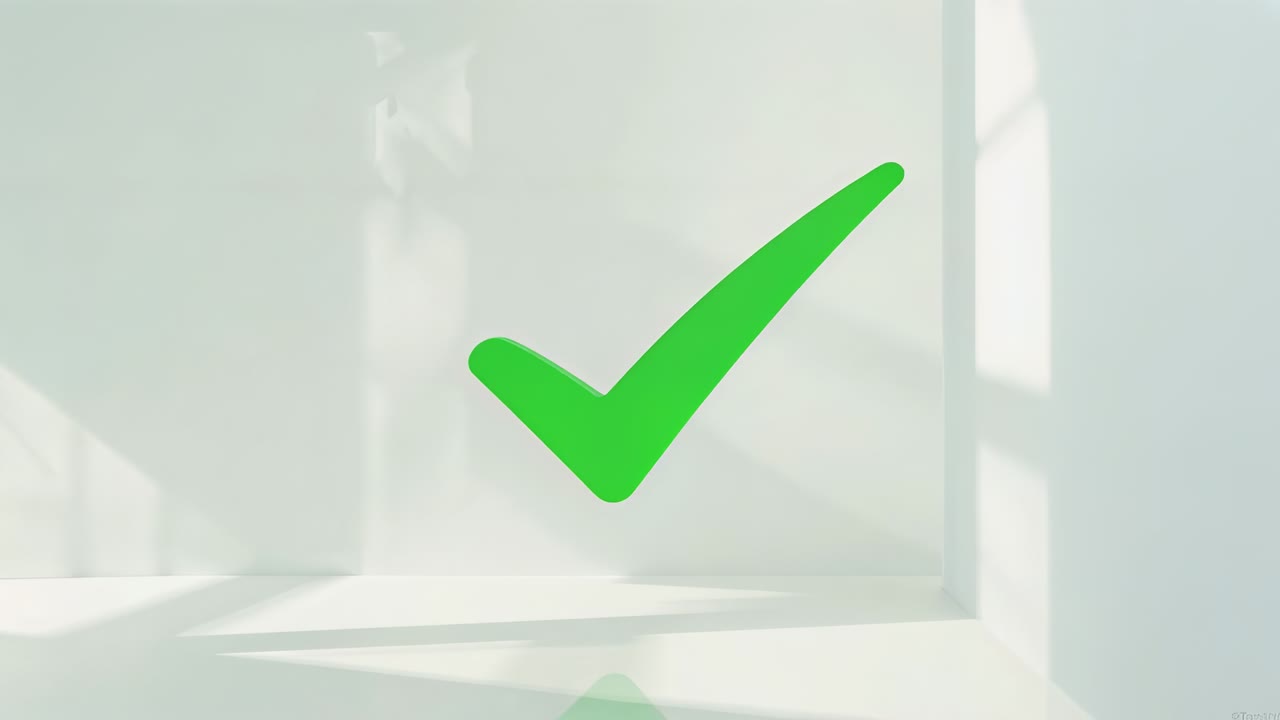 Revealing green check mark remaining steady on white alcove shelf, showing shifting window shadows