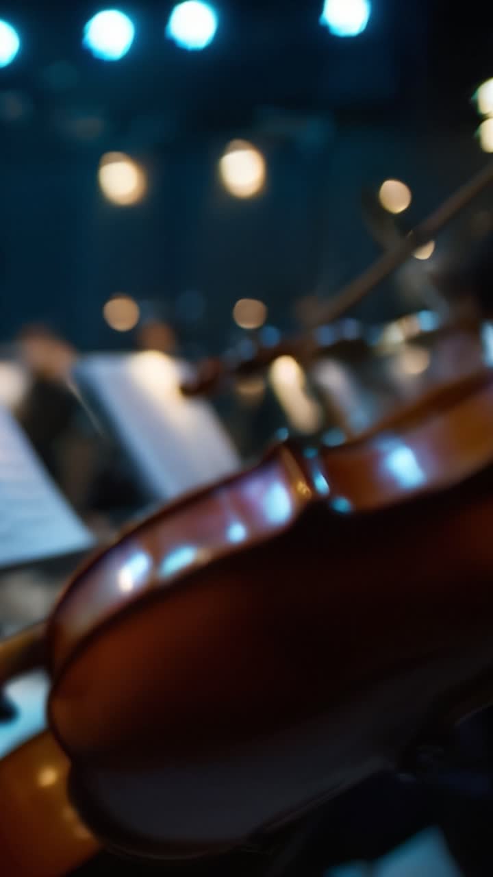 Nahaufnahme einer schönen Violine während einer Aufführung, mit sanfter Beleuchtung und Notenblättern im Hintergrund, die eine elegante Atmosphäre schafft.