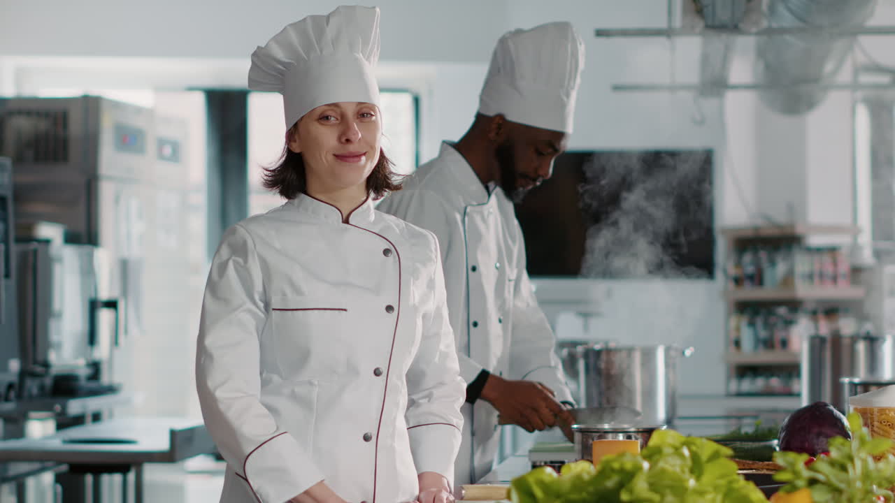 Portrait of female chef with uniform working in restaurant kitchen