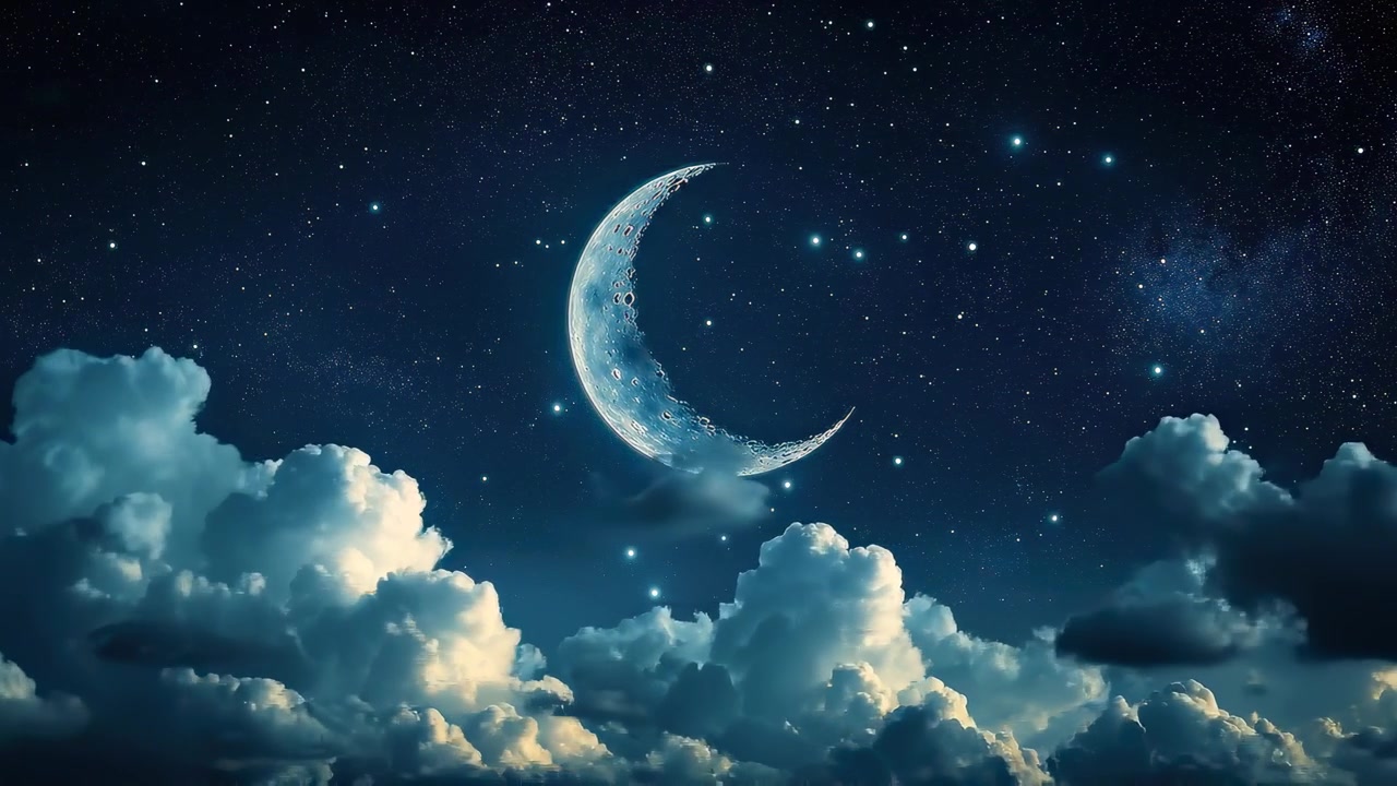 Lua Crescente Mágica em Céu Noturno Estrelado com Nuvens em Movimento