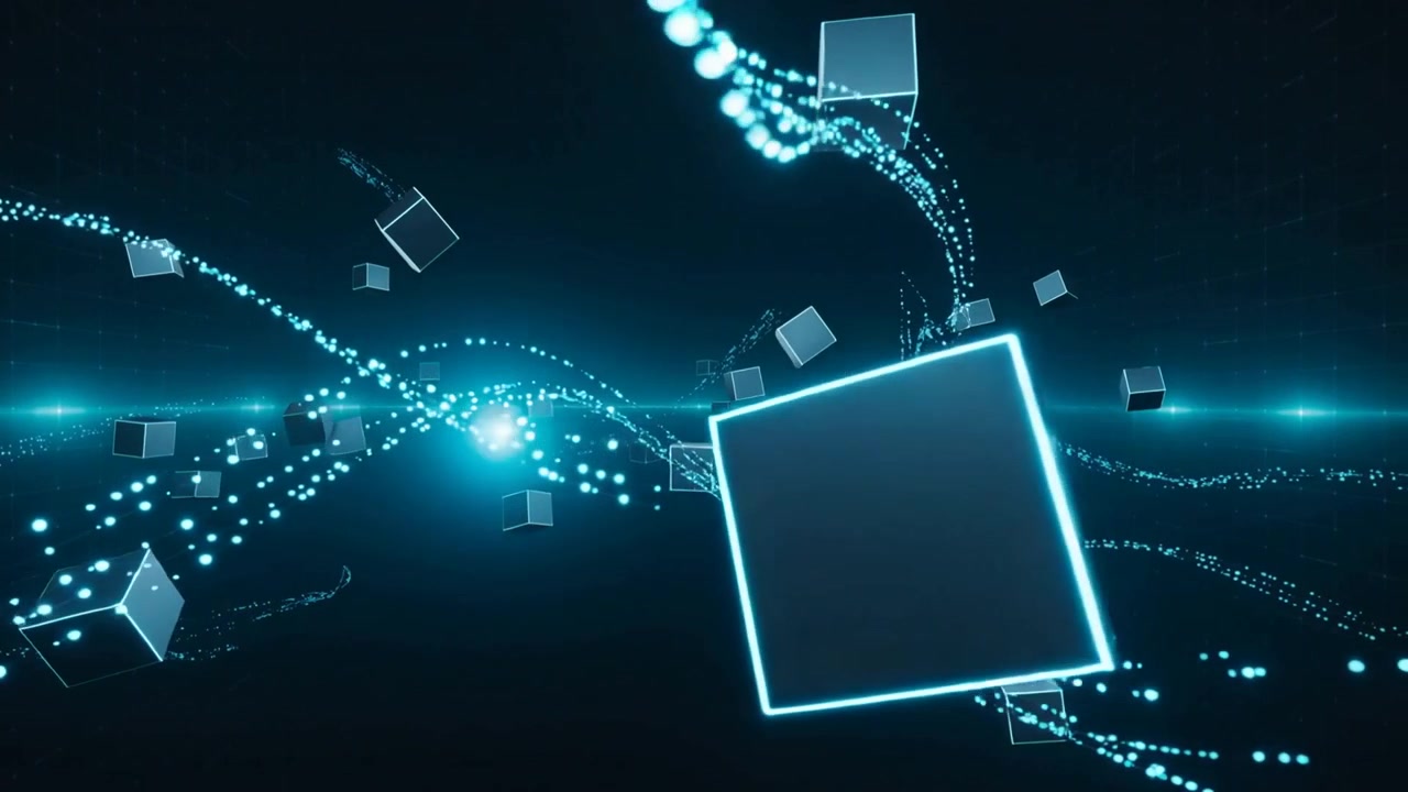 Ribbons tightening, neon cube rotating, drifting with glass cubes in void, following cyan streams
