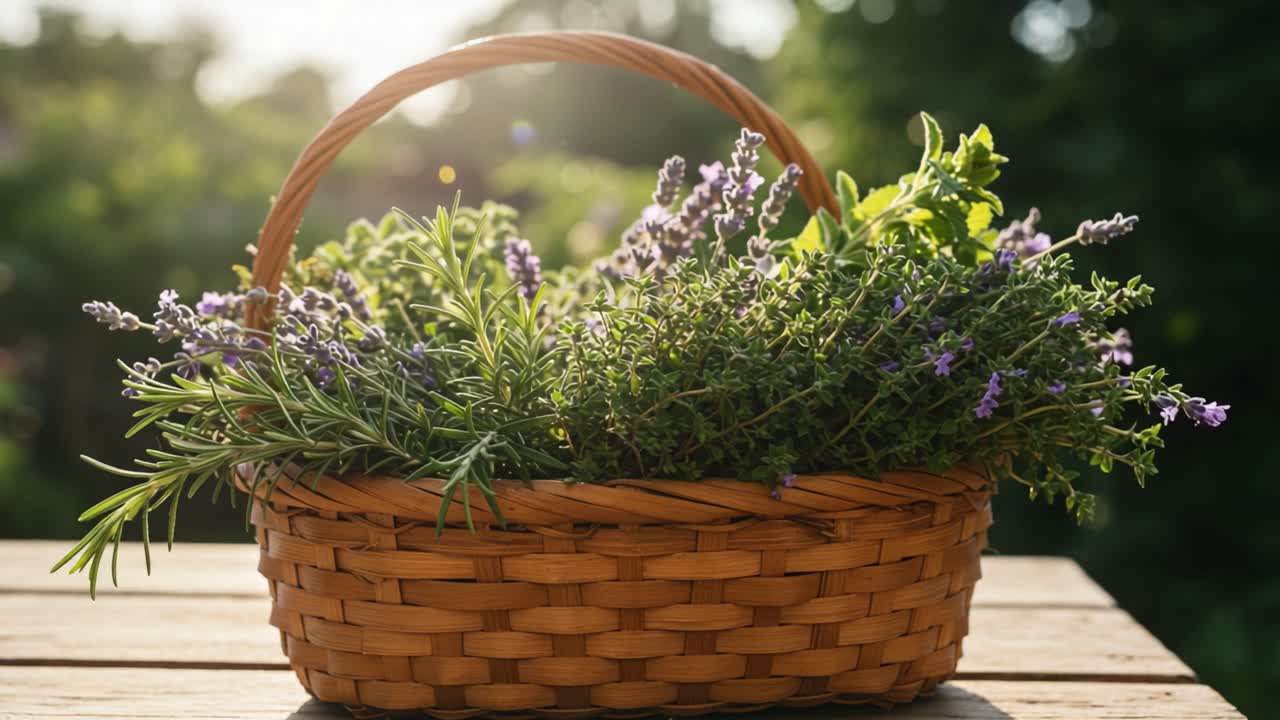 A Beautifully Crafted Basket Filled with Freshly Gathered Herbs and Lavender, Perfectly Showcasing Nature's Bounty in a Serene Outdoor Setting