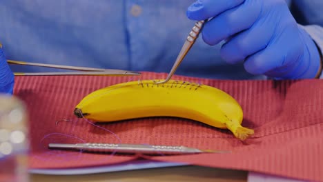 medical trainees stitch banana surface in hands-on suturing skills session