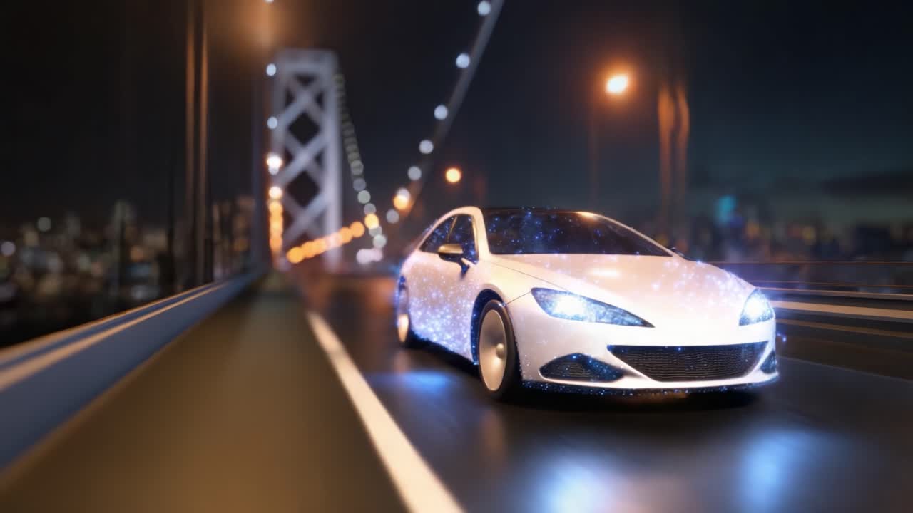 Un'auto futuristica illuminata da stelle vivaci ed elementi cosmici che guida su un ponte di notte, mostrando una fusione di tecnologia e arte in una scena ipnotica