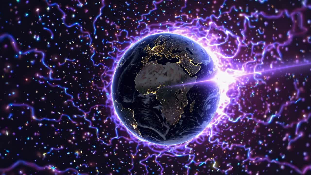 A cosmic video concept with Earth at the center, surrounded by electric waves
