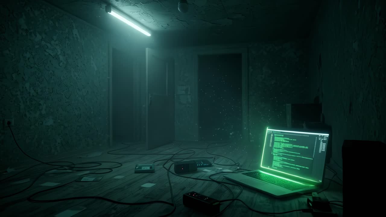 In the dim light of night, an eerie, abandoned room reveals a glowing screen amidst scattered equipment, creating an air of mystery