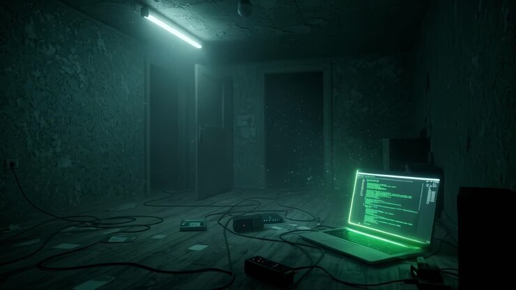 In the dim light of night, an eerie, abandoned room reveals a glowing screen amidst scattered equipment, creating an air of mystery