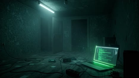 in the dim light of night, an eerie, abandoned room reveals a glowing screen amidst scattered equipment, creating an air of mystery